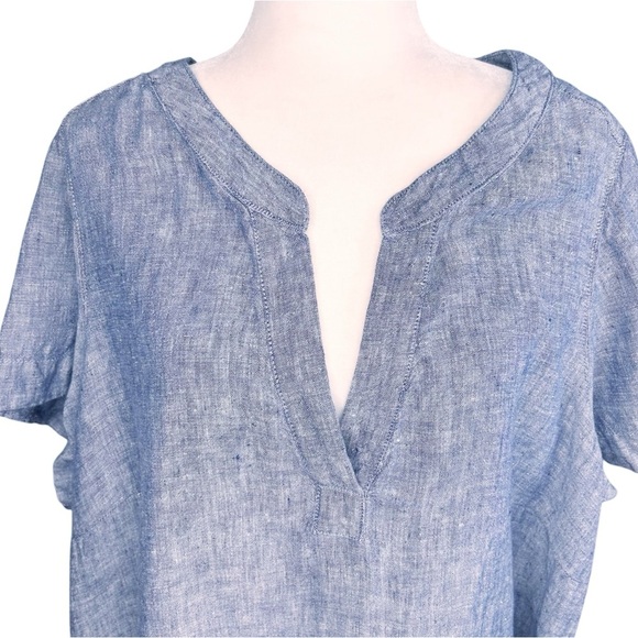 TAHARI 2X Linen Short Sleeve Dress Split Neck Pop Over - Picture 4 of 10